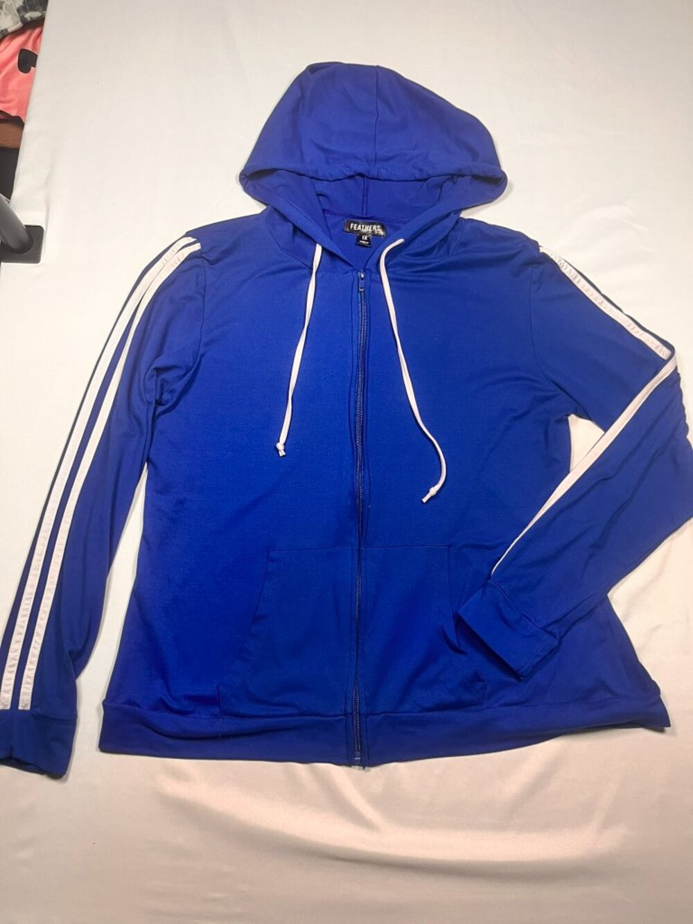 Feathers 1X Royal Blue Zip Up Hoodie Lightweight White Sleeve Stripe Sweatshirt